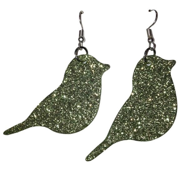 ☀️3/$12☀️Green Glitter Bird Dangle Earrings (SILVER) - Picture 1 of 5